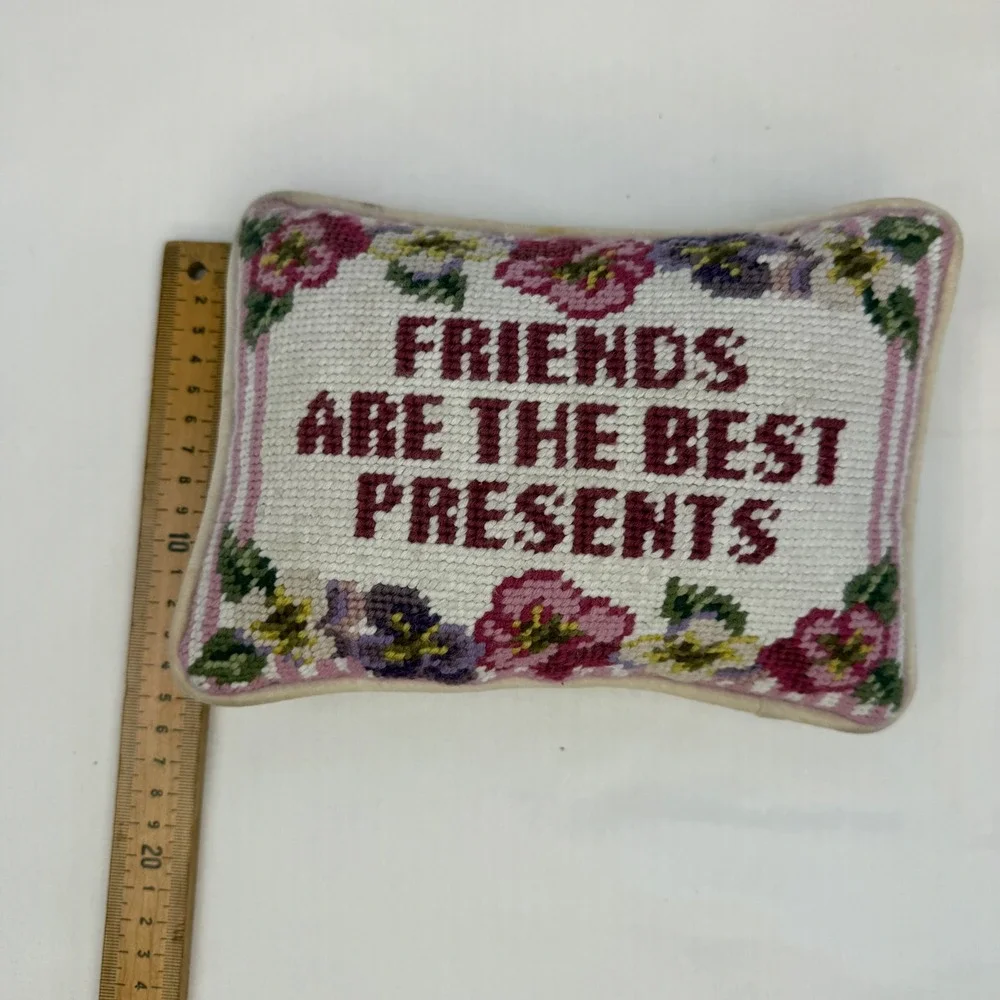 Vintage Needlepoint Pillow Friends Are The Best Presents Floral Pansy Decor 9x7